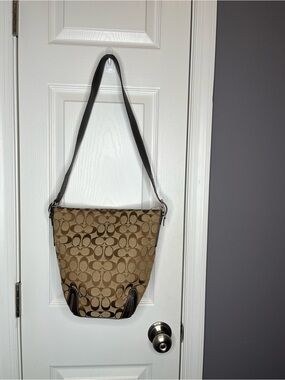 Coach Khaki/Tan Signature Canvas Shoulder Bag with Dark Trim